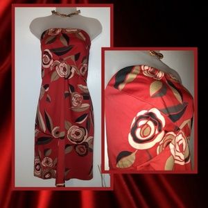 Beautiful Red/Beige & Black Floral Dress Sz 18